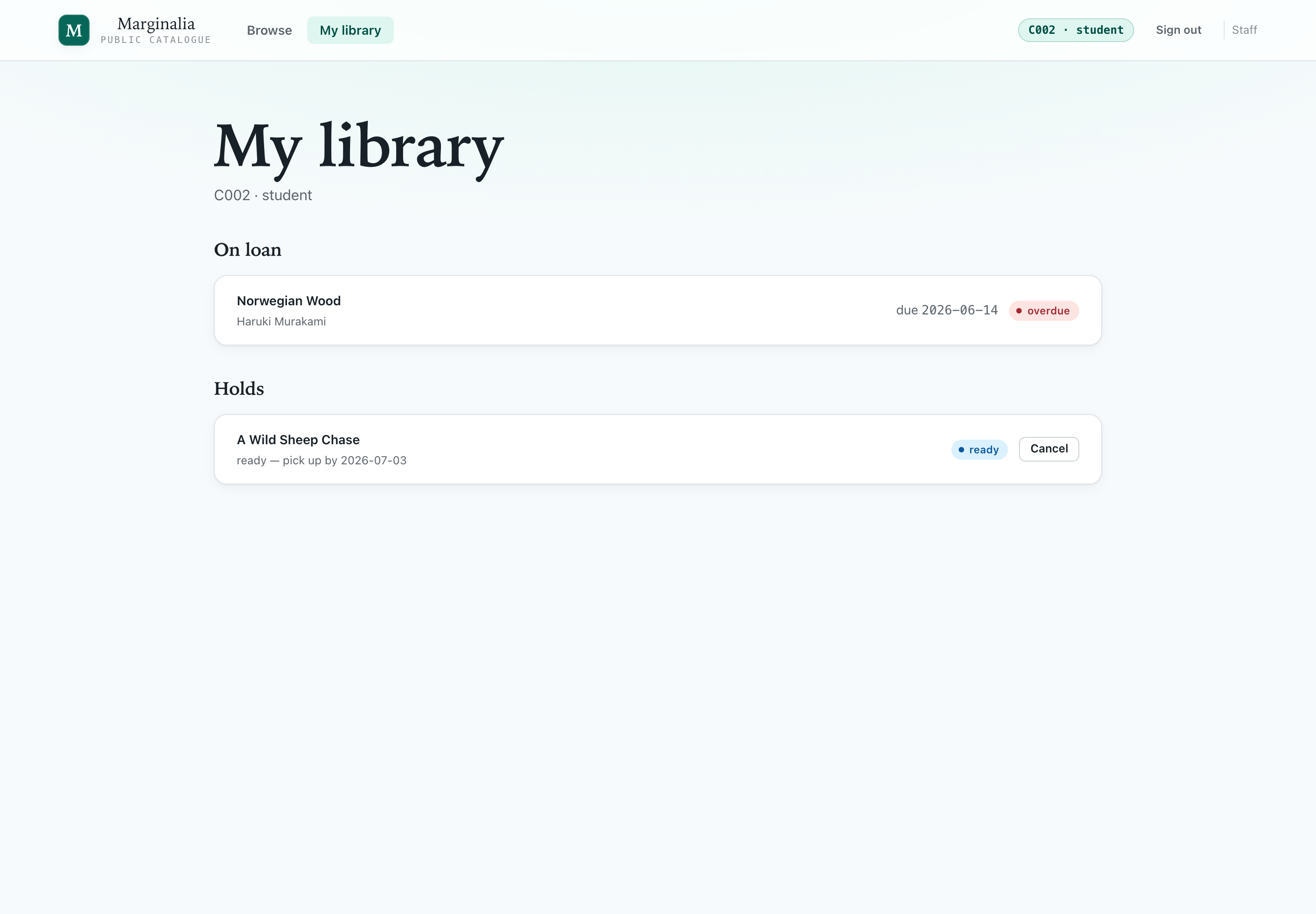 Patron My library screen