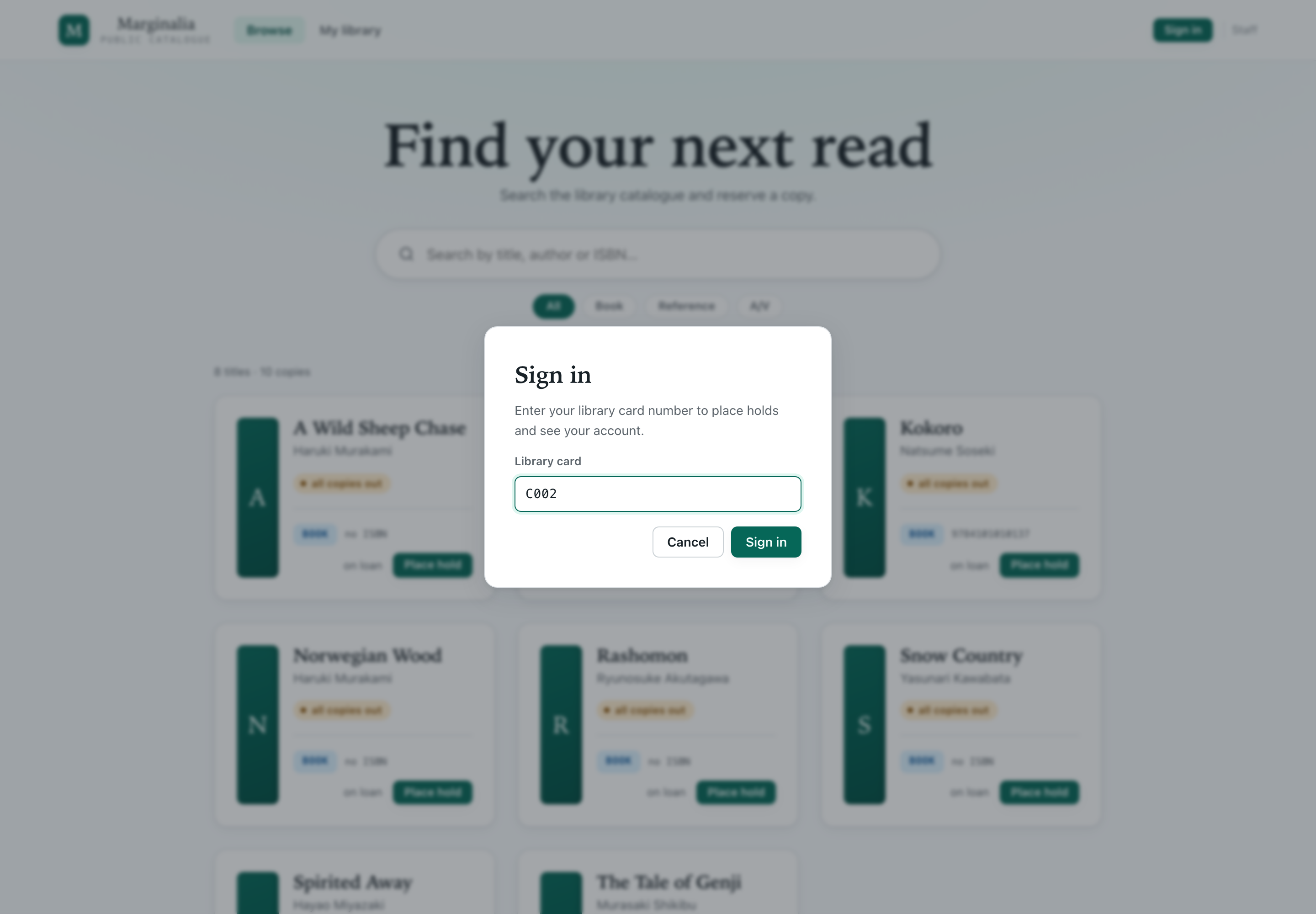 OPAC sign-in modal